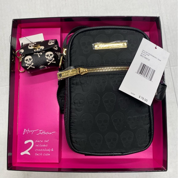 Betsey Johnson Black Crossbody bag with Skulls and earbud case - Picture 5 of 7